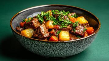 Warm stew of venison with root vegetables and fresh herbs, served in a rustic bowl, displayed on a gradient background shifting from dark forest green to soft golden yellow photo