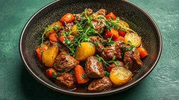 Warm stew of venison with root vegetables and fresh herbs, served in a rustic bowl, displayed on a gradient background shifting from dark forest green to soft golden yellow photo
