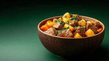 Warm stew of venison with root vegetables and fresh herbs, served in a rustic bowl, displayed on a gradient background shifting from dark forest green to soft golden yellow photo