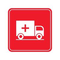 An ambulance icon on a red square vector