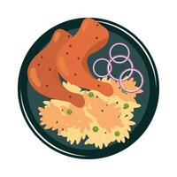 Plate of food with rice and chicken on it vector