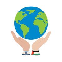 Two hands holding the world globe with the flag of israel and palestine vector