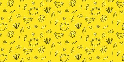 Minimalist seamless pattern in 90s comic style. Speech bubbles, exclamation marks, lightning bolts, accent lines and abstract shapes in black outline on yellow background. For textile, wallpaper. vector