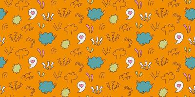 A vibrant comic seamless pattern in 90s style. Speech bubbles, lightning bolts, accent lines and various abstract shapes on an orange background. For wrapping paper, textile, or digital background. vector
