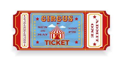 A colorful vintage circus ticket. Striped circus tent in the center, decorative elements, star pattern, text CIRCUS, ADMIT ONE, details events, date and time. Red, yellow, white and blue. vector