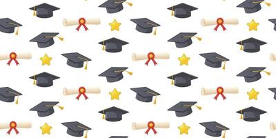 Seamless pattern with graduation caps, diplomas with red ribbons and gold stars. Template for use in educational designs, graduation announcements, and celebratory projects. vector