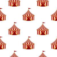 Seamless pattern with a circus tent. A background template with red and yellow striped circus tents with a flag on a white background. For carnival, textiles, wallpapers, and event decor. vector