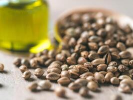 Hemp seeds and hemp oil, copy space photo