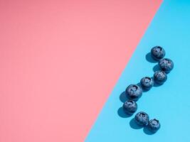 Blueberry on pink and blue background, copy space photo