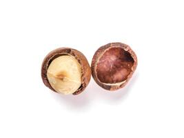 Macadamia nut with open shells, isolated, top view photo