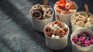 rolled ice creams in cone cups on dark background photo