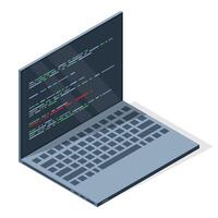 Isometric laptop with program code on screen. Programming concept. Web development. illustration vector