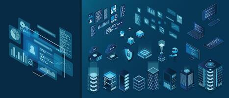 Set of isometric computer technology. Isometric set server equipment. Technology isometric icons. Digital technology items. illustration vector