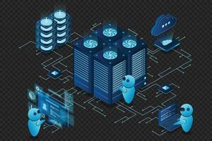 Data center and web hosting isometric concept. Cloud computing storage. Isometric server room rack. illustration vector