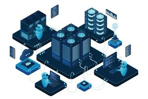 Isometric data center or server room. Data center connection network. Cloud storage. Isometric high technology concept. illustration vector