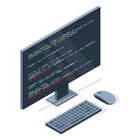 Isometric monitor with program code on screen. Computer programming with keyboard and mouse. Programming concept. Web development vector