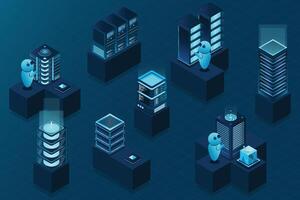 3d isometric concept big data center with server. Cloud computing. Network mainframe infrastructure. Isometric high technology concept vector