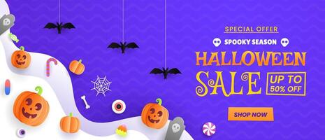 Halloween sale backdrop showcasing an array of pumpkins, creepy spiders, fluttering bats, colorful flags, and a radiant fiesta lamp, designed to enhance the festive spirit of your sale event. vector