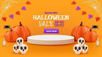 A Halloween sale promotion poster design featuring pumpkins, a glowing candle, and an adorable spider, perfect for adding a festive and charming touch to your Halloween event vector
