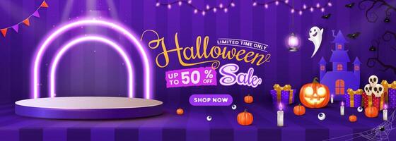 A Halloween sale banner template with a podium, pumpkins, candles, lanterns, and bats. Ideal for websites or banners, showcasing a range of Halloween-themed elements. vector