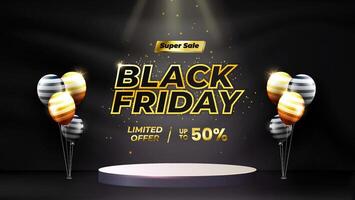 Black Friday Sale concept with a stage podium designed for showcasing products with balloons and dynamic light effects vector