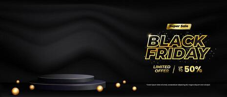 Black Friday Sale concept with a stage podium designed for showcasing products, complemented by a modern backdrop that includes balloons vector