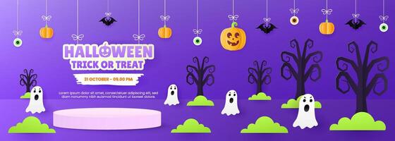 Halloween sale promotion poster template featuring a podium, alongside pumpkins, a ghost, and a bat, designed to create an engaging and festive atmosphere for your sale event. vector
