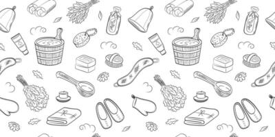 Sauna accessories sketch background. Doodle sauna pattern on white background. Hand drawn spa elements collection. vector