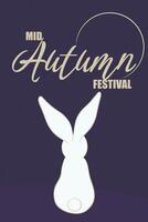 Mid autumn festival card with white rabbit on white. Minimalistic background concept. Bunny sit with his back on blue vector