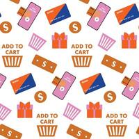 Seamless pattern with Flat Online shopping Concept Elements Isolated on white. background with cart, delivery, credit card, smartphone for online shop, store, buying on internet. vector