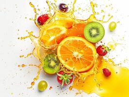 Explosive Fruit Fusion A Dynamic Burst of Citrus and Berries in a Splash of Vibrant Juice and Colorful Energy photo