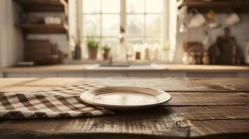 Rustic Kitchen Mornin. A Cozy Scene of an Empty Plate on a Wooden Table with a Checkered Cloth, Overlooking a Sunlit, Blurred Window View photo