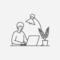 Freelancer working on laptop at home in continuous line drawing vector