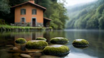 Natural pictures of Italian style villages There is a stream running through the side of the house. There are rocks and paths that look warm photo