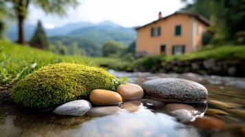 Natural pictures of Italian style villages There is a stream running through the side of the house. There are rocks and paths that look warm photo