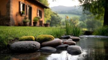 Natural pictures of Italian style villages There is a stream running through the side of the house. There are rocks and paths that look warm photo