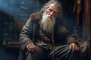 Elderly man with a wise expression in a rustic setting photo