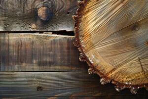 Rustic wood texture with cross section of tree trunk photo