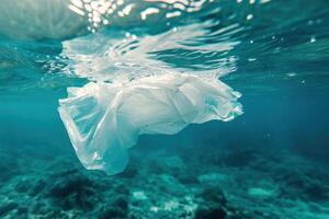 Single plastic bag floating in ocean depths photo