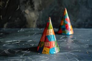 Two colorful party hats celebrating on a textured background photo
