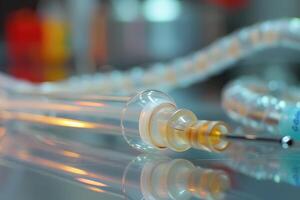 Glass syringe laying on table in medical laboratory setting photo