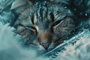Sick tabby cat is lying in bed near thermometer with fever photo