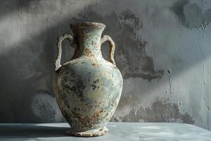 Ancient amphora standing on a table is showing the signs of time passing by photo