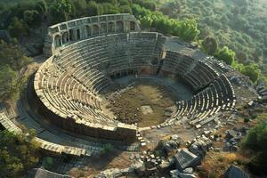 Drone point of view of ancient amphitheater ruins covered in greenery photo