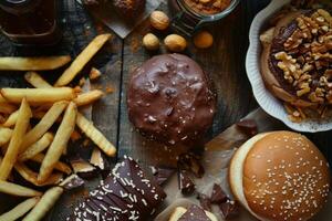 Unhealthy food containing lots of sugar lying on rustic wooden table photo