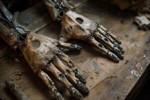 Two robot arms resting on wood surface photo