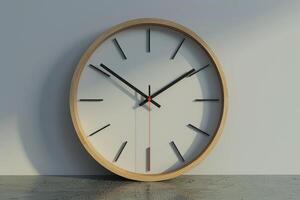 Modern wall clock telling time with minimalist design on white wall photo
