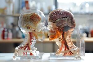 Transparent anatomical model of human head showing brain and nervous system photo