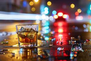 Glass of whiskey with ice on wet asphalt at night reflecting city lights photo