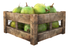 Fresh green coconuts in wooden crate isolated on transparent background png